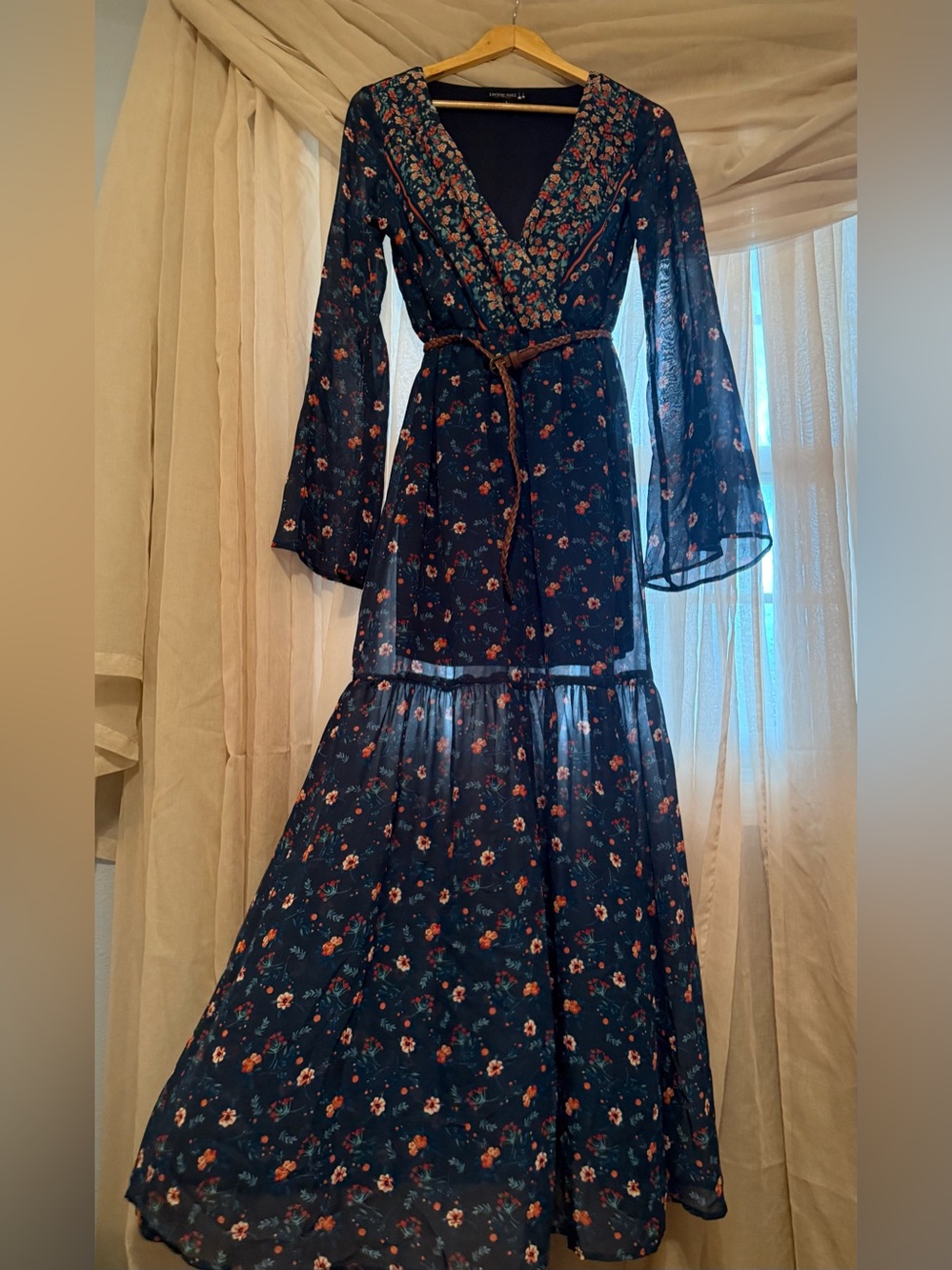 living doll Navy Floral Maxi Dress with Braided Belt